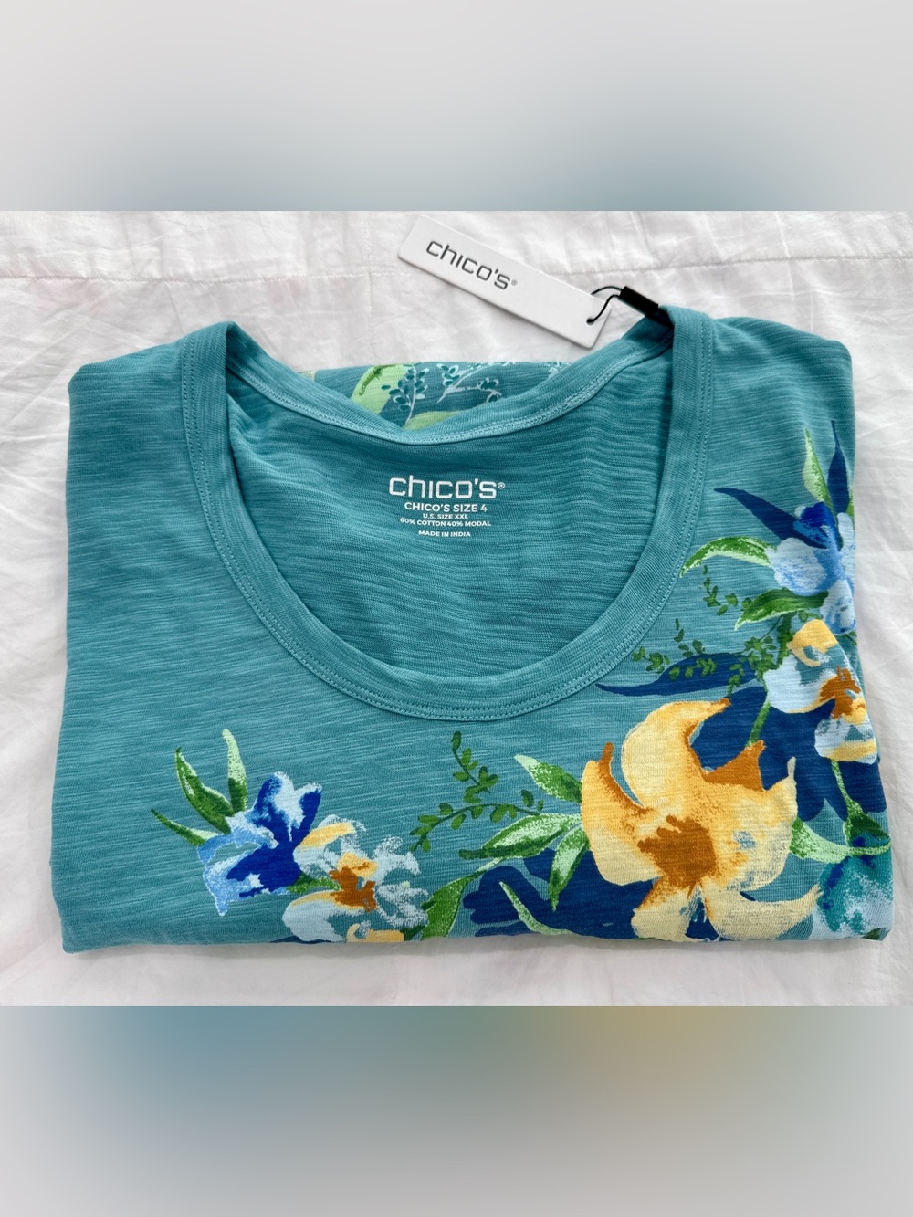 Chico's Teal Floral Scoop Neck Tee with Yellow & Blue Accents NWT